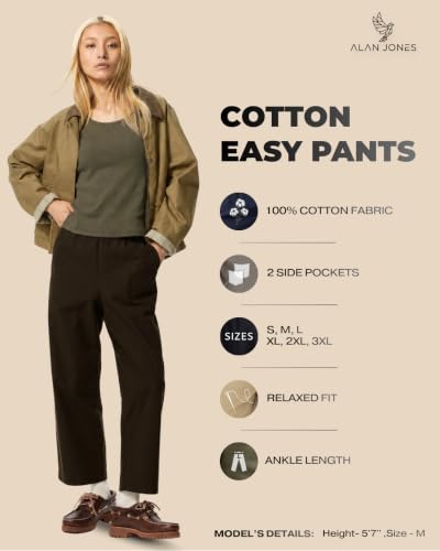 Image of Alan Jones Clothing Women's 100% Cotton Relaxed Ankle Pants | Elastic Waist & Drawstring | Casual Trouser for Everyday Wear