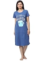 9shines Label Plus Size Knee Length Hosiery Cotton Night Dress | Short Nighty for Women with Pocket | Graphic Print Nightwear | Night Gown for Women. (9SPSJL23-FRENCH BLUE-6XL)
