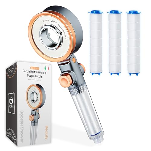 BIORYC® Soffione Doccia con Filtro + 2 Filtri | Soffione Doccia Anticalcare ad Alta Pressione con Purificatore d’Acqua e Filtro Anticalcare per Corpo e Capelli (3 FILTRI)
