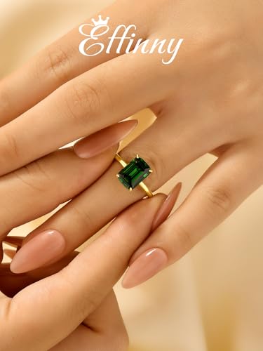 3.5ct Elongated Emerald Cut Engagement Ring for Women,14K Yellow Gold Plated 925 Sterling Silver Simulated Dark Emerald Green Gemstone Solitaire Promise Ring for Wedding,Travel,Daily2