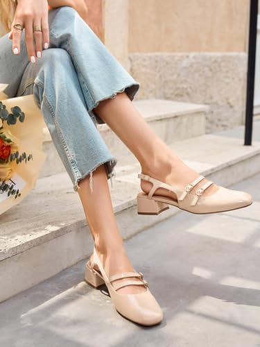 Image of Coutgo Women's Mary Jane Chunky Low Heels Slingback Pumps Closed Square Toe Wedding Dress Shoes