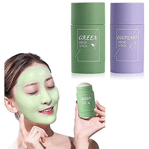 2 Pcs Green Tea/Eggplant Purifying Clay Mask Stick, Green Tea Solid Mask Deep Pore Cleansing, Moisturizes Oil Control, Eggplant Clay Stick Mask Removes Blackheads, Suitable for all skin types