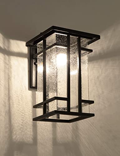 Rustic Outdoor Wall Light Fixture 13.8"H Waterproof Exterior Wall Sconces Black Metal With Clear Seeded Glass Shade Outdoor Wall Lantern For Exterior House Patio Porch,Entryway,Garage Wall Lamps #TOP2