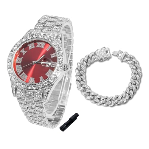 Image of Halukakah Diamonds Gold Watch Iced Out for Boy Teens Kids - 18K Real Gold /Platinum Plated,42mm Blue /Green /Red Dial,Japanese Quartz - 8 inch Length - Optional with Cuban Link Chain,with Watch Adjuster Tool