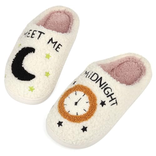 Trefidy Women Men House Slippers Comfy Plush Slippers Shoes for Home Bedroom Indoor White Women Size 10.5-11=Man Size 10-11