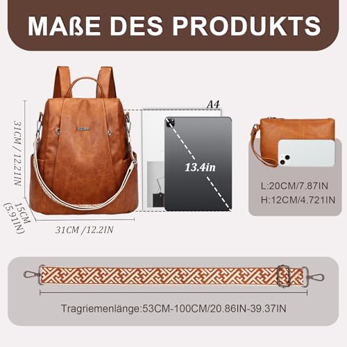 Eshow Rucksack Damen Klein, Anti-Diebstahl Elegant Cityrucksack, Wasserdichter Tagesrucksack Veganes Leder, Rucksacktasche mit Clutchbag RFID Blocker Modern für Pendeln Schule Arbeit Reise Braun