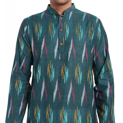 Image of SKAVIJ Men's Pure Cotton Printed Kurta Pajama Set Ikat Design Casual Ethnic Dress