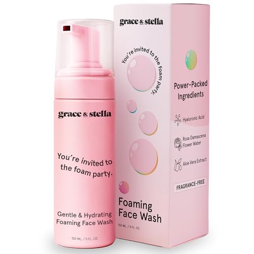 grace & stella Award Winning Hydrating Face Wash (150ml) - Gentle Foaming Facial Cleanser with Hyaluronic Acid, Rose Water, Aloe Vera - Moisturizing Cleansing Foam for Normal to Very Dry Skin - Vegan