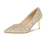Modatope Women's High Heels Closed Pointed Toe Heels Sexy Gold Sparkly Slip On Pumps Wedding Bridal