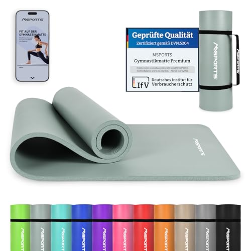 MSPORTS Gymnastikmatte Premium inkl. Tragegurt + Übungsposter + Workout App I Hautfreundliche Fitnessmatte 190 x 60 x 1 5 cm - Steingrau - Phthalatfreie Yogamatte