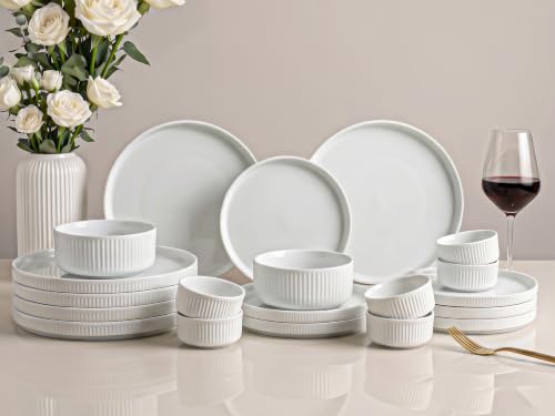 Image of Bodhi House 20-Piece Ribbed Porcelain Dinnerware Set for 6 with Dinner Plates, Quarter Plates, Katori & Serving Bowls, Chip Resistant, Lightweight, Microwave & Dishwasher Safe Crockery Set