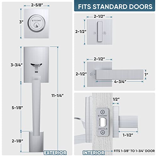 Ticonn Front Door Handle Set, Heavy Duty Square Door Lever & Single Cylinder Deadbolt Combo Reversible For Entrance Exterior Doors (Satin Chrome) #TOP2