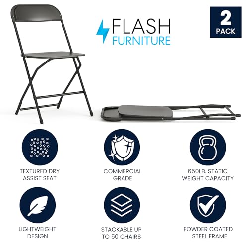 Image of Flash Furniture Hercules Series Plastic Folding Chairs for Parties and Weddings, Stackable Commercial Event Seats with 650-lb. Static Weight Capacity, Set of 2, Black