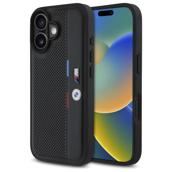 Coque rigide pour iPhone 16 BMW M tricolore noire, idéale pour le bureau et les déplacements