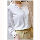 SXNBH V Neck Shirt Women Autumn Lace Puff Sleeve High-End Fashion Temperament Design Silk Blouses Formal Work Tops (Color : OneColor, Size : 2XL)