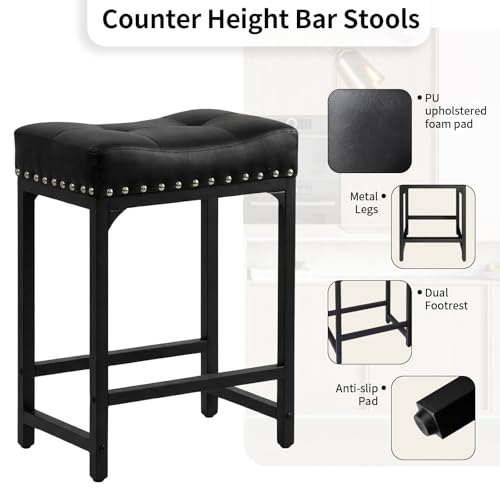 Image of Bar Stools Set of 3, Counter Height Bar Stools for Kitchen Island, 24 Inch Black Saddle Backless Barstools, Counter Height Stools with Thick Saddle Seats & Metal Base, Black