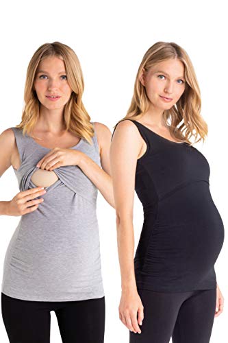 MAMARELLA Umstands- und Stilltop aus Bio-Baumwolle 2er Pack grau & schwarz, Doppellagiges Schwangerschafts- und Stillshirt ärmellos mit Stillfunktion im 2er Set (M) Cover