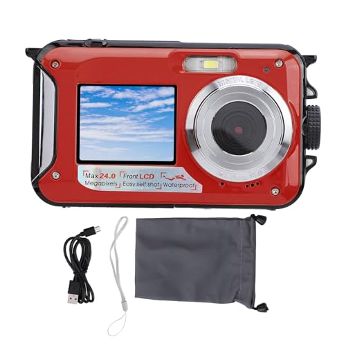水中カメラ、2.7K 48MP 16Xズーム防水カメラ2.7インチ+1.8インチデュアルスクリーンLCDディスプレイセルフィーデジタルカメラ11フィートシュノーケリング用水中カメラ (赤)