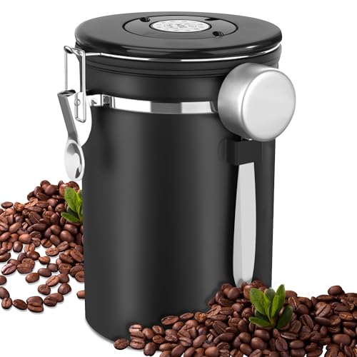 Baimuni Koffieblik luchtdicht van roestvrij staal, 1,8 l, koffiebonenhouder, datumweergave, koffiecontainer met doseerlepel, vacuüm voorraaddoos voor thee, noten, cacao, langer en vers blijven