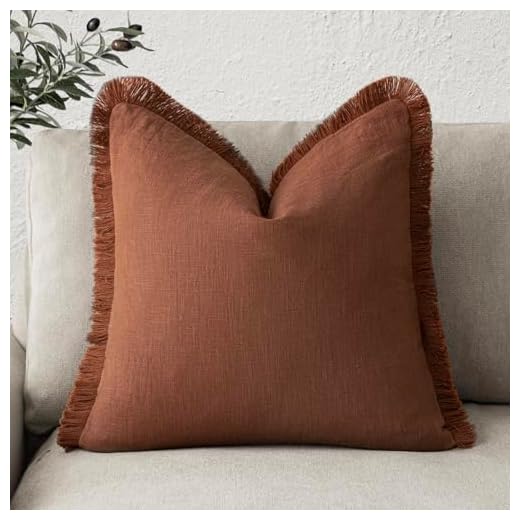 Foindtower Decorative Linen Fringe Throw Pillow Covers Boho Farmhouse Cushion Cover with Tassels Soft Accent Pillowcase for Chair Sofa Bed Living Room Home Decor, 20×20 Inch, 1PC,Fall Rust Orange