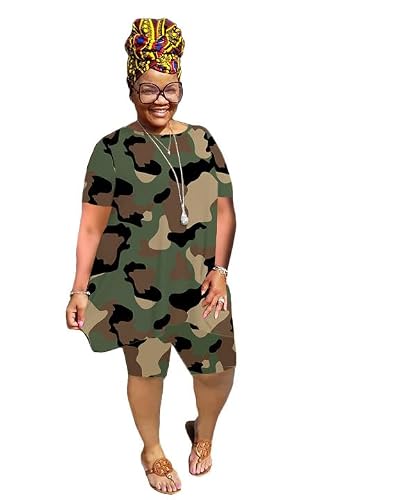 YeGine Women Plus Size 2 Piece Outfits Casual Short Sleeve Tunic Tops Shorts Sets Summer Oversized Tshirts Shorts Sweatsuits Camo 2XL