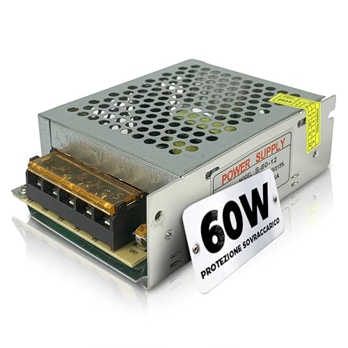 TEMPO DI SALDI Trasformatore 220V 12V 60 W con Corpo in Metallo 11x8x4 cm, Alimentatore 12v 5A Stabilizzato, per Alimentatore Striscia LED, Telecamere a circuito chiuso, Router e altri dispositivi