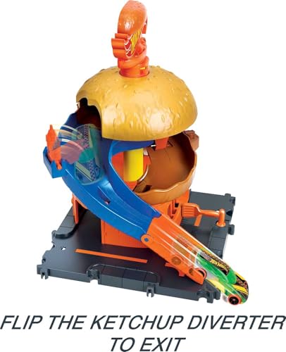 image for Hot Wheels Toy Car Track Set, City Burger Drive-Thru Playset & 1:64 Sc