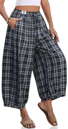 Image of TARSE Women's Plaid Cotton Linen Wide Leg Pants with Pockets | Plaid Barrel Leg Loose Harem Pants, Elastic Drawstring Waist, Casual Boho Summer Capri Palazzo