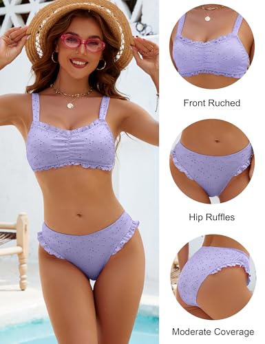 Image of Blooming Jelly Womens Bikini Set Two Piece Ruffle Bandeau Bathing Suits Cheeky High Cut Cute Eyelet Swimsuit