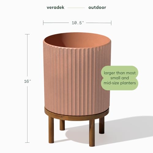 Image of Veradek Demi Series Raised Planter - Round Planter with Stand | Made From a Durable Plastic-Stone Composite & Comes With Wooden Stand. Modern Porch /Patio Decor