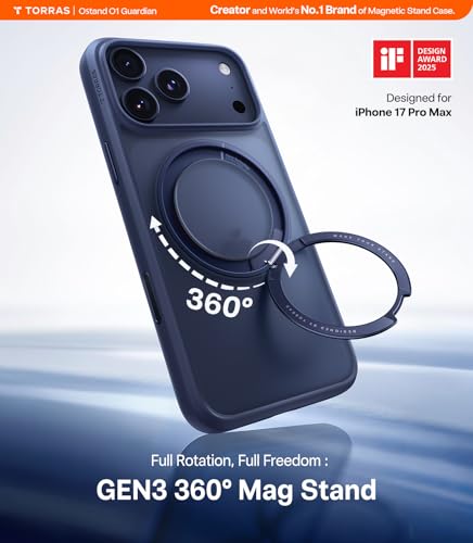 Image of TORRAS Upgraded 360 Magnetic Stand for iPhone 17 Pro Max Case Blue | Fit for MagSafe with Ring, 4X Mil-Grade Protection, Camera Control, Translucent Slim for iPhone 17 Pro Max Case, Deep Blue