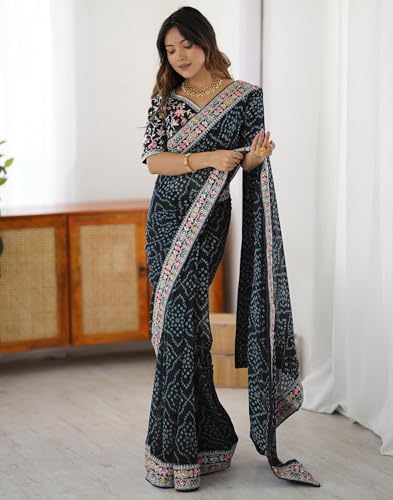 Image of SIRIL Women's Georgette Bandhani Printed Saree with Unstitched Blouse Piece