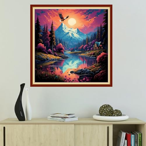 Image of Foxhool Beginners Cross Stitch Kits Stamped Full Range of Embroidery Kits for Adults DIY Cross Stitches kit Embroidery Patterns for Needlepoint kit-Moonlight Scenery 18x18 inch