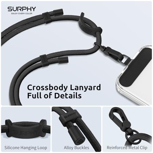 SURPHY Phone Lanyard with Patch, Adjustable Crossbody Phone Strap, Neck Phone Holder Compatible with Most Phones, Key Lanyard and more (Full Black)