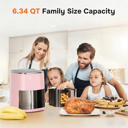 Image of Simple Deluxe 12-in-1 Air Fryer 6.34 Qt, Digital Preset Airfryer with Visible Window, Nonstick and Dishwasher-Safe Basket, Air Fry, Roast, Bake, Dehydrate, Fries, 1700W, Pink