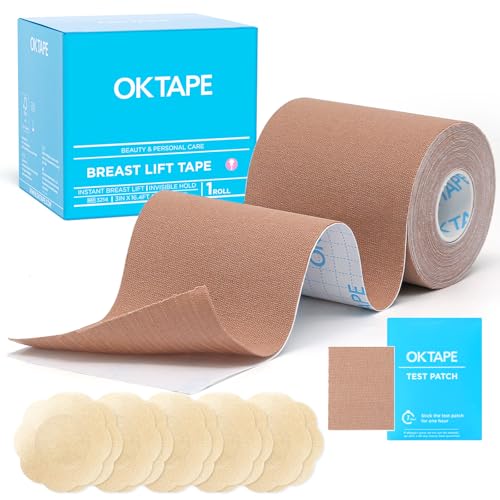 OK TAPE Breast Lift Tape Boob Tape for Large Breasts Lift with 5 Pairs Nipple Cover Set Breathable and Invisible Body Tape for A-G Cup Tan 3 x 16.4ft