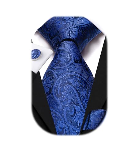 Image of Hi-Tie Mens 70inches Tie Set Extra Long Necktie for Men Cufflinks Handkerchief Big Tall Men Business Wedding