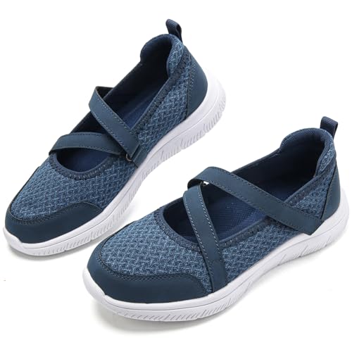 Women's Mary Jane Shoes Hook and Loop Flats Memory Foam Arch Support Non Slip Orthopedic Shoes Ladies Trainers Comfort Lightweight Walking Shoes Navy UK 5