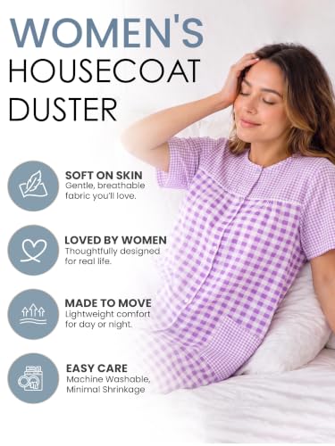 Image of Casual Nights Women's Snap - Front House Dress Short Sleeve Woven Housecoat Duster Lounger Robe with Pockets