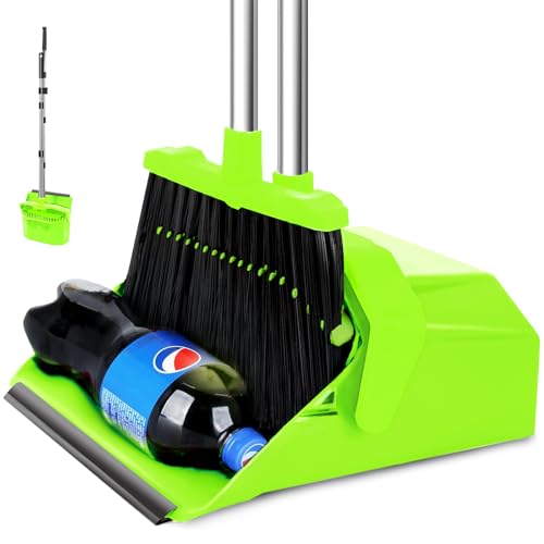 Image of Tiumso Upgrade Broom with Dustpan Combo Set, Broom and Dustpan Set with 51'' Long Handle, Large Upright Brooms and Dust Pans, ZeroGap Lip, Self-Cleaning Teeth for Lobby and Restaurant - Light Green
