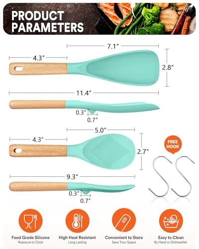 Image of Cooking Spoon And Rice Scooper for Nonstick Cookwares, Great for Cooking and Serving Durable BPA-Free Matte Silicone, Wood Handle Spoon for Mixing, Scoop, and Scrape