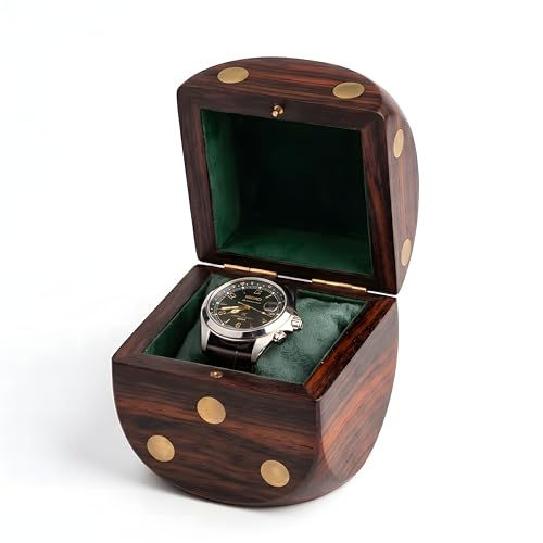 Image of Royal Craft Expertise Handcrafted Solid Wood Dice-Shaped Watch Box - Luxury Single Watch Case with Velvet Interior, Brass Dot Inlay, Premium Timepiece Display & Travel Storage Gift for Men