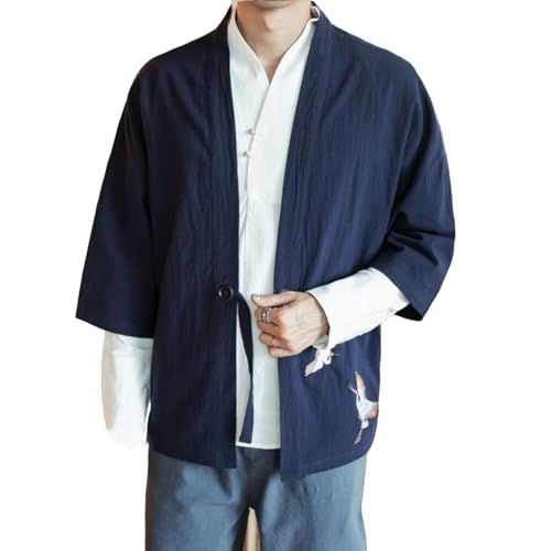 Men's Vintage Kimono Cardigan Cotton Linen Wrap Front Japanese Jinbei Haori Jacket Loose Fit Solid Color