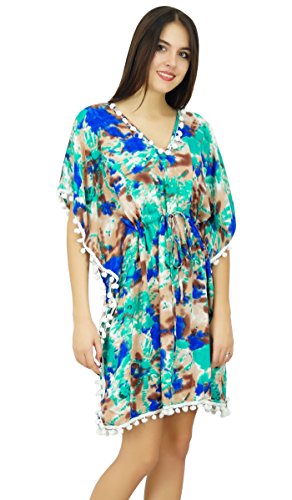 Bimba Womens Short Printed Caftan with Pom-Pom Beach Cover Up Designer Drawstring Kaftan4
