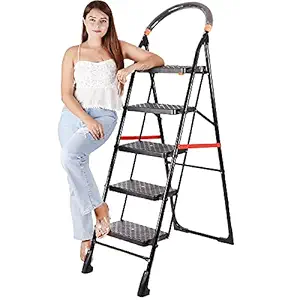 JG COMPANY 5 Step Milano Ladder Strong Heavy Duty Foldable Durable Iron Mattel Wide Ladder for Home Anti Non Skid Indoor Outdoor Use Smart Platform 3 Year Warranty (5 Steps, Black)