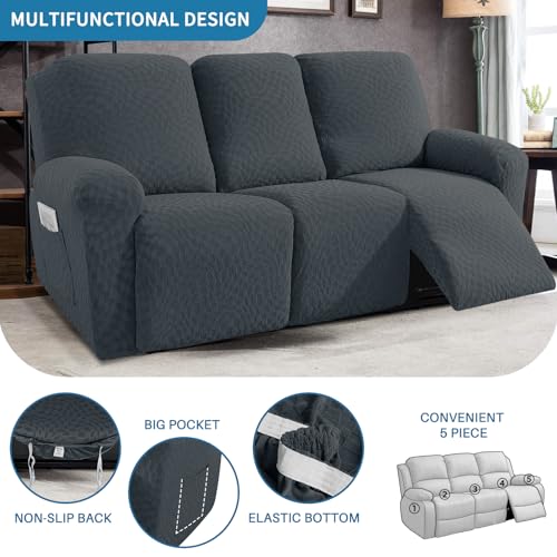 Image of 2026 Sofa Recliner Cover 5-Piece (69 inch-91 inch) Super Soft Recliner Couch Covers with Big Pocket & Anti Slip Ties Stay in Place, Stretch Lazy Boy Reclining Couch Sofa Slipcover Durable Washable, Dark Grey