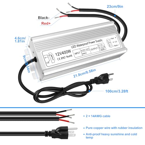 Image of 12V 400W LED Power Supply, IP67 Waterproof LED Driver, Low Voltage Transformer, AC 90-140V to DC 12V 33.3A Converter for Outdoor LED Strip & Landscape Lighting, with 3-Prong Plug 3.3 Ft Cable