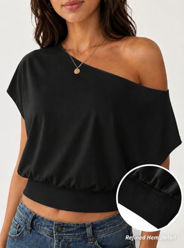 Image of SOFIA'S CHOICE Women's Off The Shoulder T Shirt Crop Top Casual Summer Dolman Sleeve Asymmetrical Cinched Waist Tops