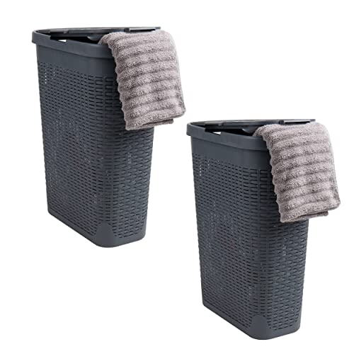 Image of Mind Reader Slim Laundry Hamper with Lid, 40L Clothes Basket, Narrow Tapered Design with Ventilated Cutout Pattern, Plastic, Set of 2, Gray