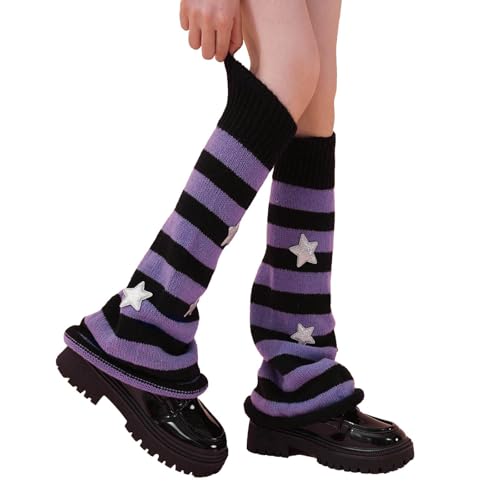 Zocvyi Striped Leg Warmers for Women Kawaii Star Leg Warmers Knitted Flared Leg Sleeves Gothic Harajuku Leg Cover Stockings (Purple-Striped One size)